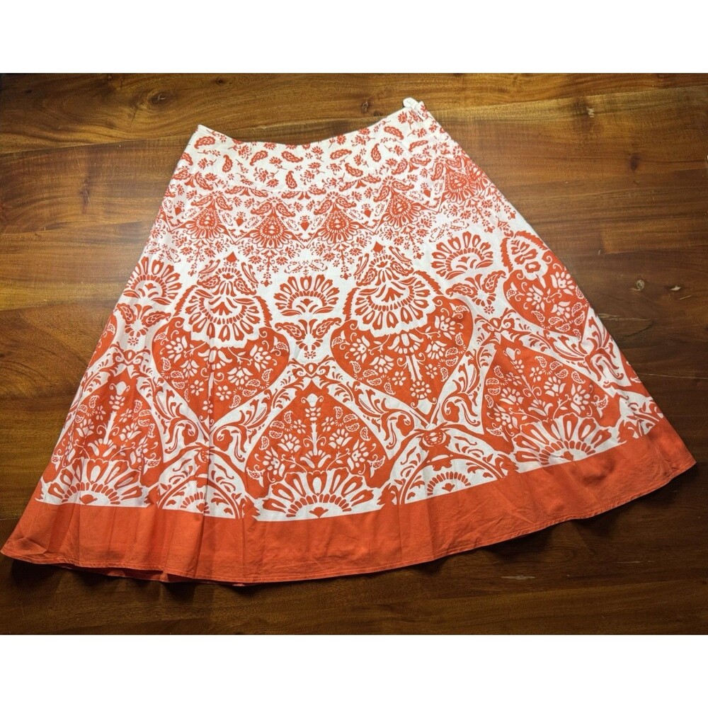 Talbots Cotton A Line Skirt Size 10 Orange White Paisley Medallion Boho Midi